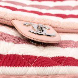 Pre Owned Chanel Pink White Jumbo Stripe Jersey Felt and Rope Flap