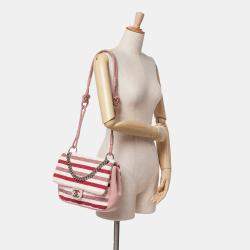 Pre Owned Chanel Pink White Jumbo Stripe Jersey Felt and Rope Flap