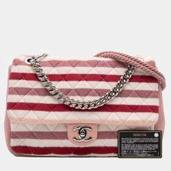 Pre Owned Chanel Pink White Jumbo Stripe Jersey Felt and Rope Flap