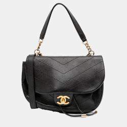 Chanel Black CC Chevron Calfskin Round Flap Satchel