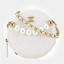 Chanel Coco Mark Matelasse Chain Mini Shoulder Bag White Leather Faux Pearl