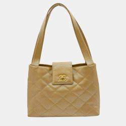 Chanel Handbag Caviar Skin Coco Mark Leather Beige Gold