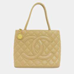 Chanel Beige Grained Calfskin Leather Tote Bag 