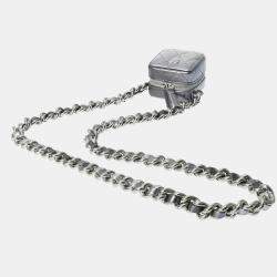 Chanel Silver Lambskin Matelasse Cube Chain Shoulder Bag