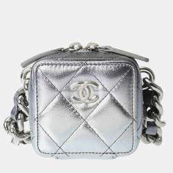 Chanel Silver Lambskin Matelasse Cube Chain Shoulder Bag