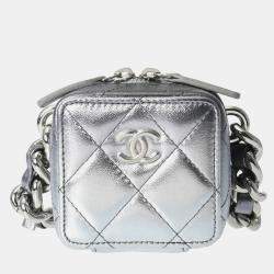 Chanel Silver Lambskin Matelasse Cube Chain Shoulder Bag