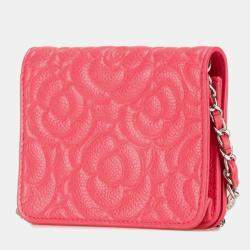 Chanel Pink Caviar Skin Camellia Coco Mark Chain Wallet Mini Shoulder Bag