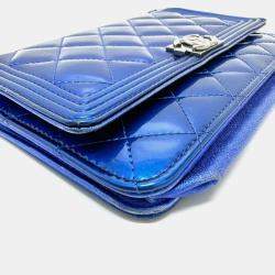 Chanel Metallic Blue Leather Boy Wallet On Chain