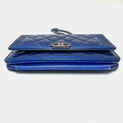 Chanel Metallic Blue Leather Boy Wallet On Chain