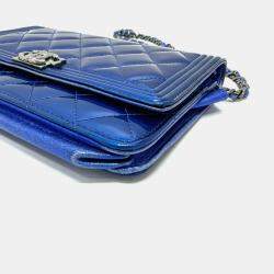Chanel Metallic Blue Leather Boy Wallet On Chain