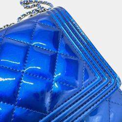 Chanel Metallic Blue Leather Boy Wallet On Chain