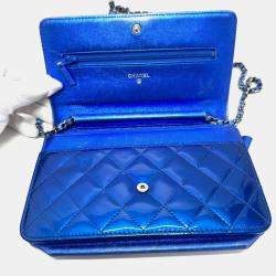 Chanel Metallic Blue Leather Boy Wallet On Chain