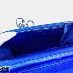 Chanel Metallic Blue Leather Boy Wallet On Chain