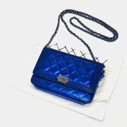 Chanel Metallic Blue Leather Boy Wallet On Chain