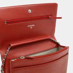 Chanel Red Leather Caviar Skin Chain Wallet Shoulder Bag