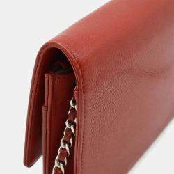 Chanel Red Leather Caviar Skin Chain Wallet Shoulder Bag