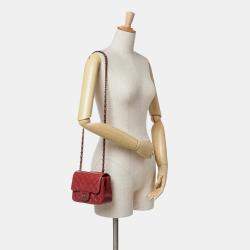 Pre Owned Chanel Red Mini Square Classic Lambskin Single Flap