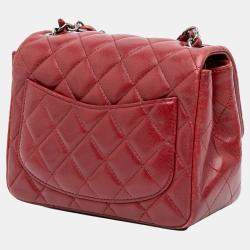 Pre Owned Chanel Red Mini Square Classic Lambskin Single Flap
