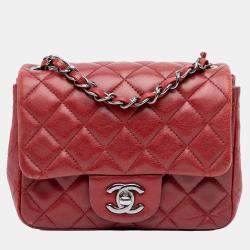Pre Owned Chanel Red Mini Square Classic Lambskin Single Flap
