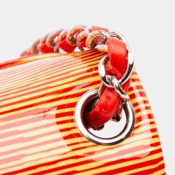 Pre Owned Chanel Orange Mini Square Classic Patent Striped Single Flap