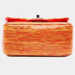 Pre Owned Chanel Orange Mini Square Classic Patent Striped Single Flap