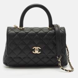 Pre Owned Chanel Black Quilted Caviar Leather Mini Coco Top Handle Bag