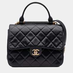 Chanel Black Medium Quilted Glazed Calfskin Gold Bar Top Handle Flap
