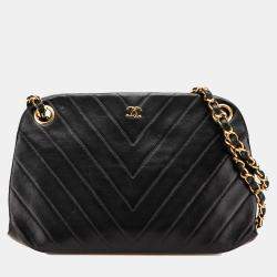 Pre Owned Chanel Black CC Chevron Lambskin Frame Chain Shoulder Bag