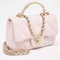Pre Owned Chanel Pink Quilted Leather Resin Top Handle Flap Bag