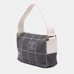 Pre Owned Chanel Black White CC Chocolate Bar Canvas Shoulder Bag