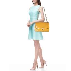 Chanel Yellow Striped Patent Leather Jumbo Classic Double Flap Bag