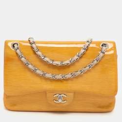 Chanel Yellow Striped Patent Leather Jumbo Classic Double Flap Bag