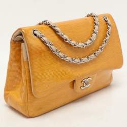 Chanel Yellow Striped Patent Leather Jumbo Classic Double Flap Bag