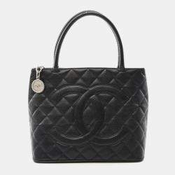 Chanel Medallion Tote Hand Bag Leather Black  Shw