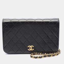 Pre Owned Chanel Black Lambskin Full Flap Chain Shoulder Bag