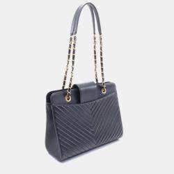 Pre Owned Chanel Navy Chevron Leather V-Stitch Tote Bag 