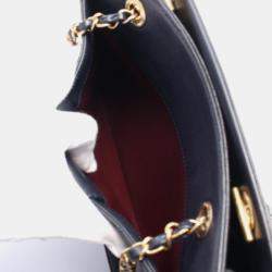 Pre Owned Chanel Navy Chevron Leather V-Stitch Tote Bag 