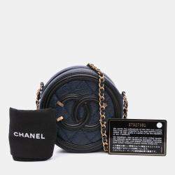 Chanel Black Navy Blue Caviar CC Filigree Round Crossbody Bag