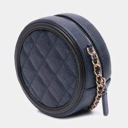 Chanel Black Navy Blue Caviar CC Filigree Round Crossbody Bag