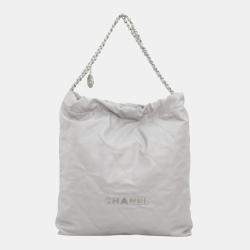 Chanel Light Grey Calfskin Leather Large 22 Shoulder Bag