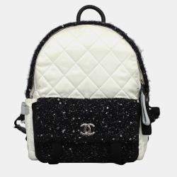 Pre Owned Chanel White & Black Leather, Nylon, Tweed Quilted Nylon & Tweed Backpack