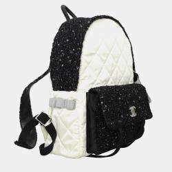 Pre Owned Chanel White & Black Leather, Nylon, Tweed Quilted Nylon & Tweed Backpack