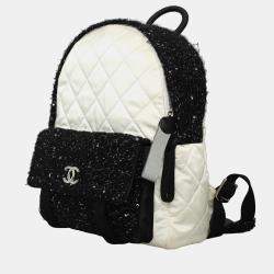 Pre Owned Chanel White & Black Leather, Nylon, Tweed Quilted Nylon & Tweed Backpack