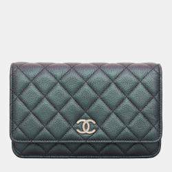 Chanel Purple & Green Iridescent Caviar Leather Quilted Wallet On Chain