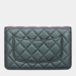 Chanel Purple & Green Iridescent Caviar Leather Quilted Wallet On Chain
