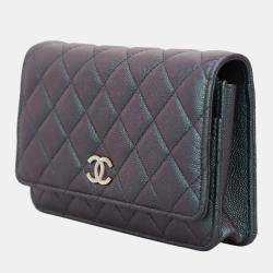 Chanel Purple & Green Iridescent Caviar Leather Quilted Wallet On Chain