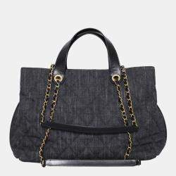 Chanel Black & Grey Denim and Leather Quilted Shopper Tote Bag