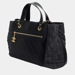 Chanel Black & Grey Denim and Leather Quilted Shopper Tote Bag
