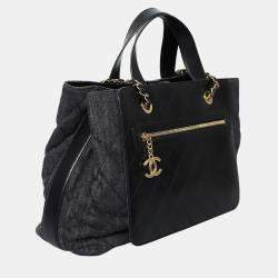 Chanel Black & Grey Denim and Leather Quilted Shopper Tote Bag