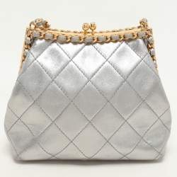 Chanel Silver Quilted Leather Vintage CC Chain Detail Shoulder Bag